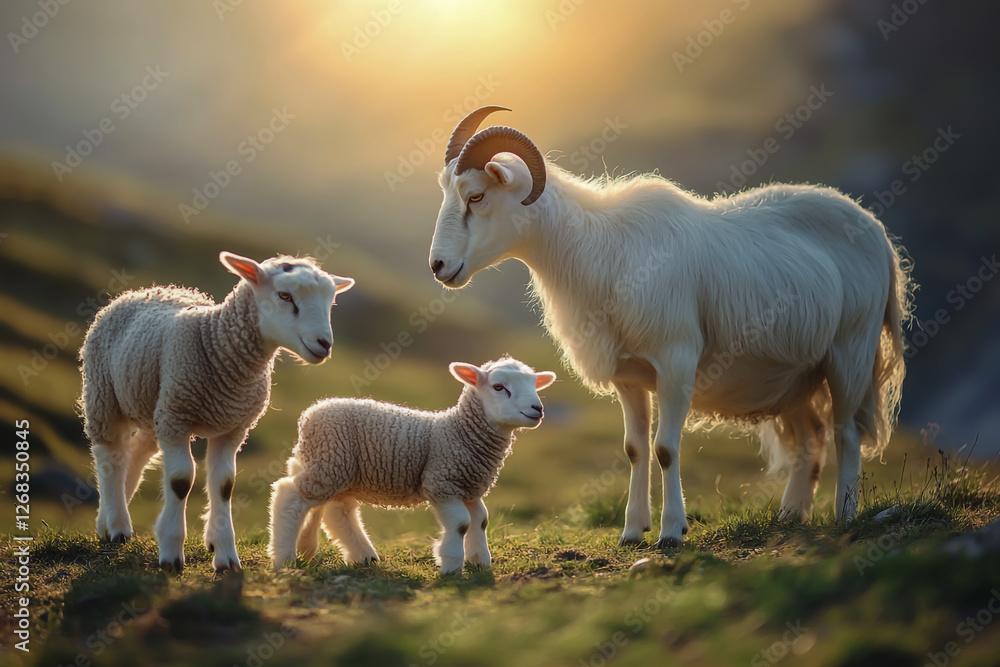 Fototapeta premium A goat grazes alongside two sheep in a meadow.