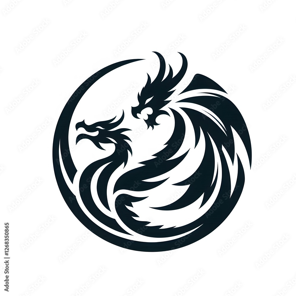 custom made wallpaper toronto digitalAI Generate of sleek, modern black and blue tribal-style of a dragon and phoenix illustration facing each other in a circular composition. The design symbolizes power, balance, and mythology.