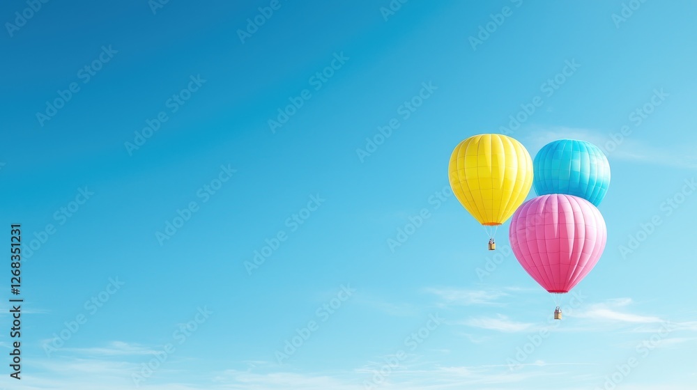 Fototapeta premium Colorful hot air balloons soar, clear sky, summer adventure, travel banner
