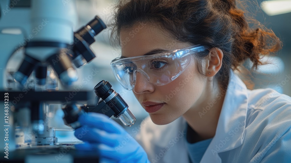 Young female scientist examining samples under a microscope in a modern laboratory setting Young female scientist examining samples under a microscope in a modern laboratory setting