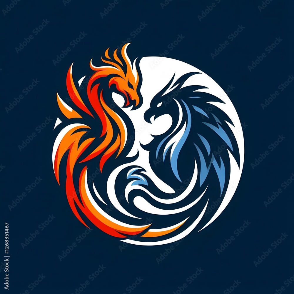 AI Generate of sleek, modern black and blue tribal-style of a dragon and phoenix illustration facing each other in a circular composition. The design symbolizes power, balance, and mythology. AI Generate of sleek, modern black and blue tribal-style of a dragon and phoenix illustration facing each other in a circular composition. The design symbolizes power, balance, and mythology.