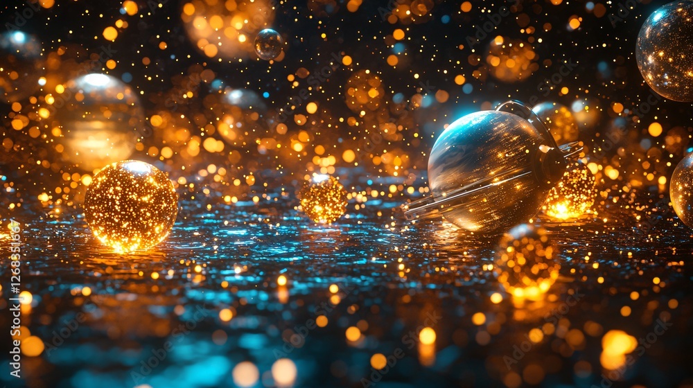 Glowing spheres, cosmic dust, dark background; abstract art Glowing spheres, cosmic dust, dark background; abstract art