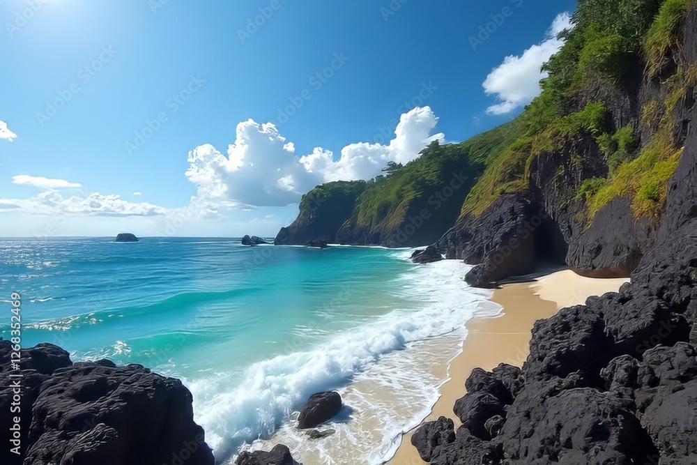 Stunning Tropical Beach with Dark Volcanic Rocks and Turquoise Water Stunning Tropical Beach with Dark Volcanic Rocks and Turquoise Water