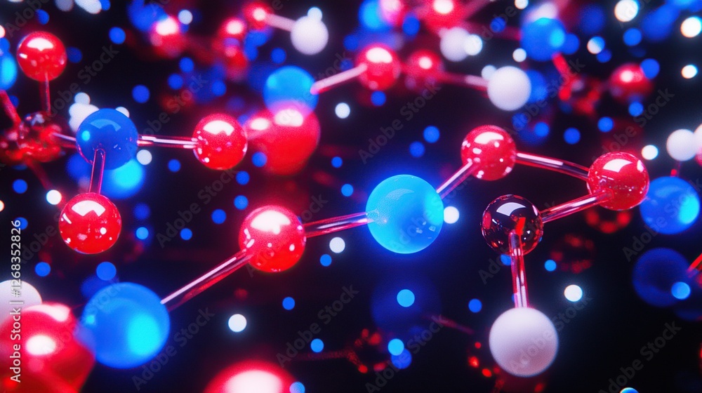 Red blue molecules network, dark background, science concept