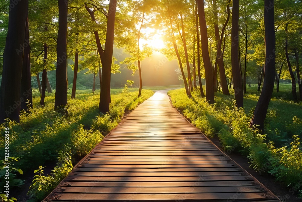 Obraz premium Sunny Wooden Pathway Through Lush Forest at Sunrise
