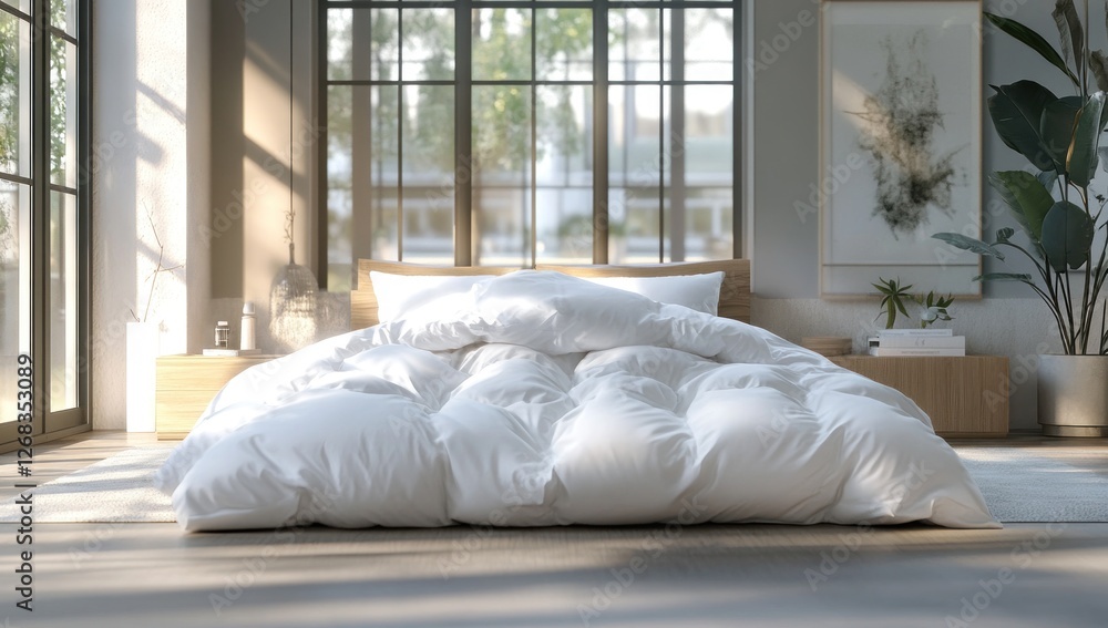 Sunlit Bedroom with Luxurious White Duvet and Modern Decor Sunlit Bedroom with Luxurious White Duvet and Modern Decor