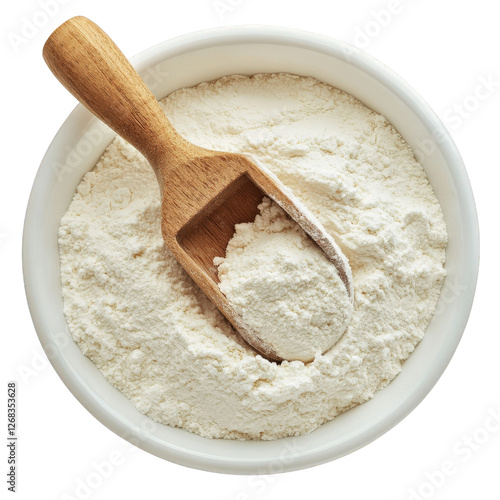 A bowl of flour with a wooden scoop, transparent background, PNG
