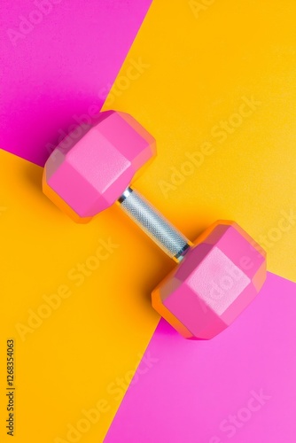 Dynamic weightlifting action home gym fitness equipment bright colors overhead view motivation and wellness