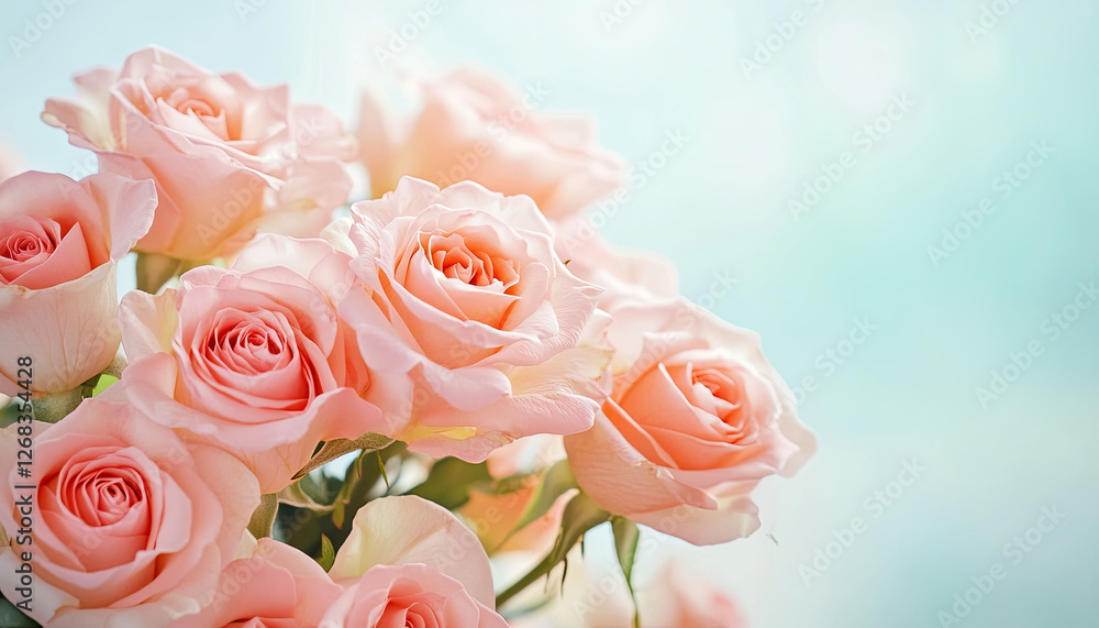A bouquet of soft pink roses against a gentle blue background, symbolizing beauty and love. A bouquet of soft pink roses against a gentle blue background, symbolizing beauty and love.