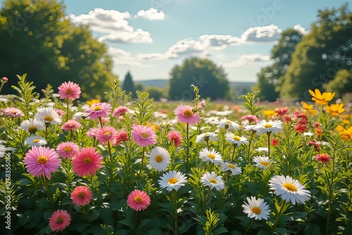 Vibrant Flower Field in Sunny Meadow