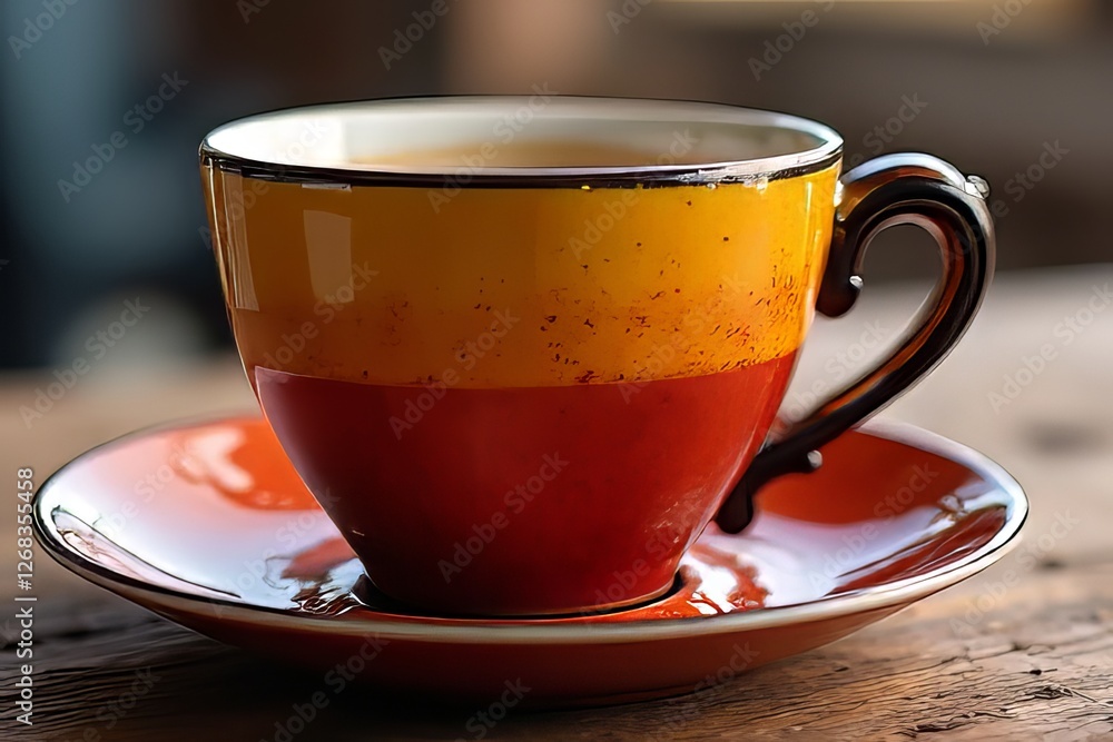 Vibrant Orange and Yellow Coffee Cup on Wooden Table Vibrant Orange and Yellow Coffee Cup on Wooden Table