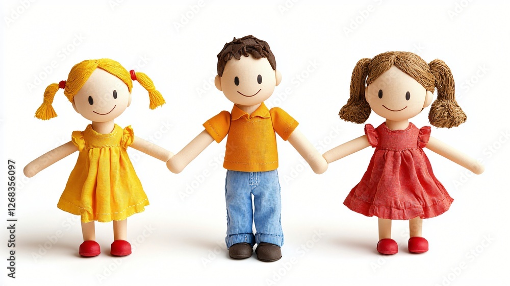 Happy children dolls holding hands, friendship, white background, family concept Happy children dolls holding hands, friendship, white background, family concept
