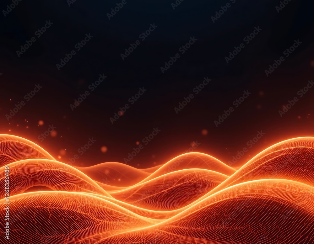 Obraz premium Illuminated Flow, Abstract Orange Waveforms with Floating Particles
