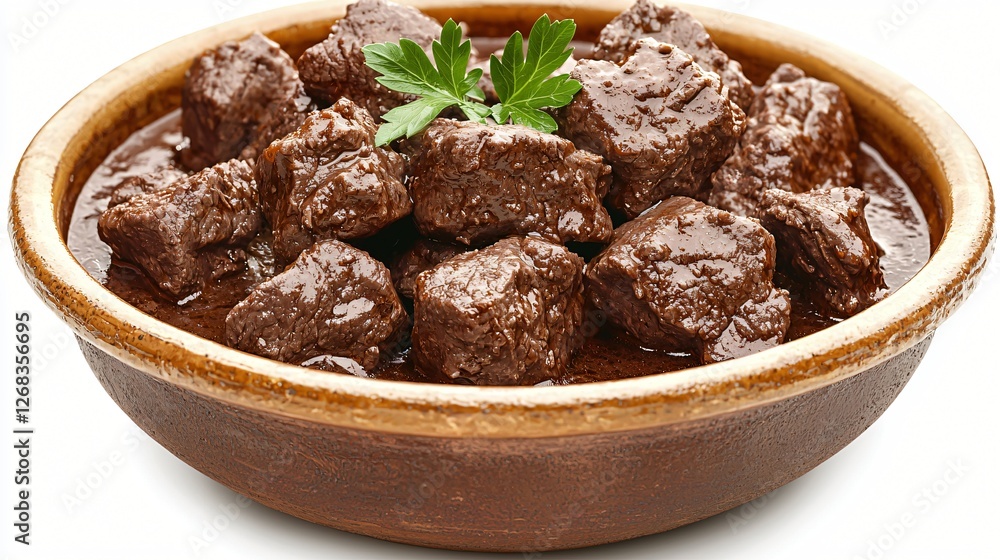 Hearty beef stew in bowl, white background, delicious meal Hearty beef stew in bowl, white background, delicious meal