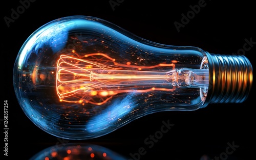 Artistic closeup of a classic Edison bulb with a futuristic neon twist, intricate glowing filaments, hightech lighting design, hyperdetailed reflections, ultraHD photorealism