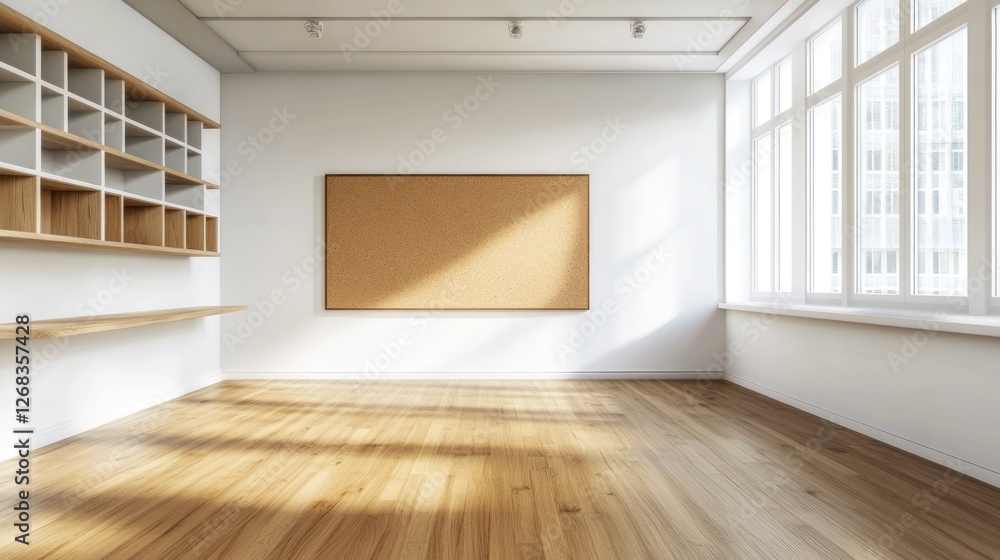 Fototapeta premium Empty modern office with corkboard, shelving, sunlight