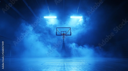 Basketball hoop in smoky, blue-lit indoor court. (1)