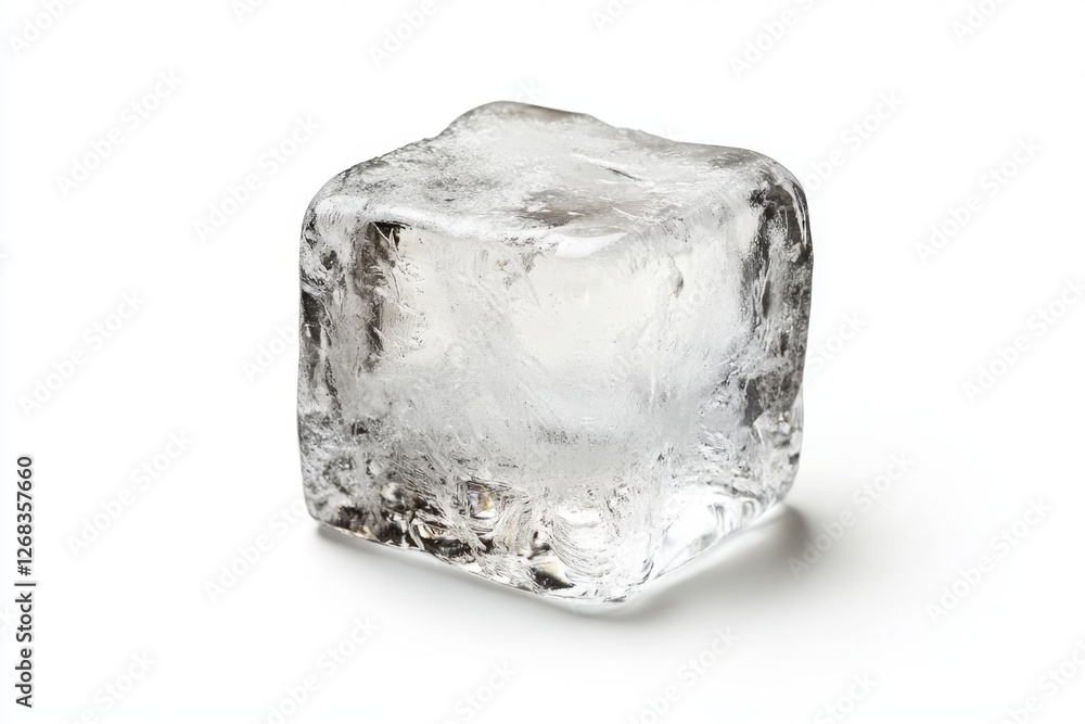Obraz premium Single ice cube on white background, studio shot, refreshing drink ingredient