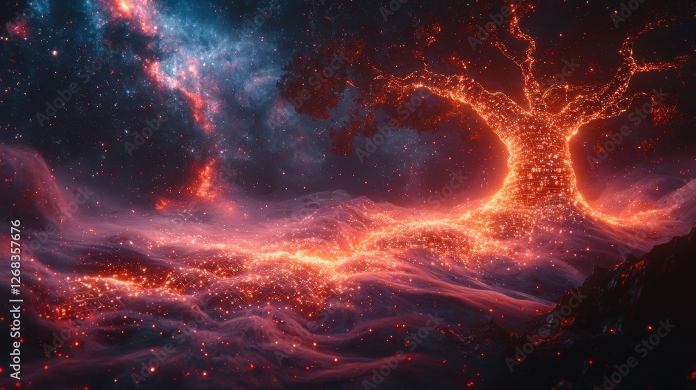 Fototapeta premium Cosmic Tree of Lights: A Celestial Landscape