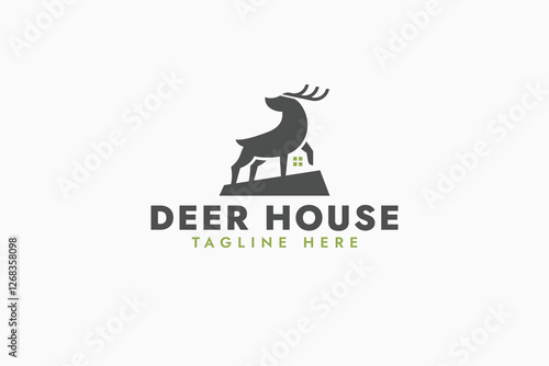 deer house logo with a combination of the silhouette of a deer and a house in negative space