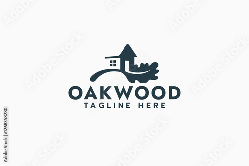 oak wood logo with a combination of a house silhouette and oak tree leaf