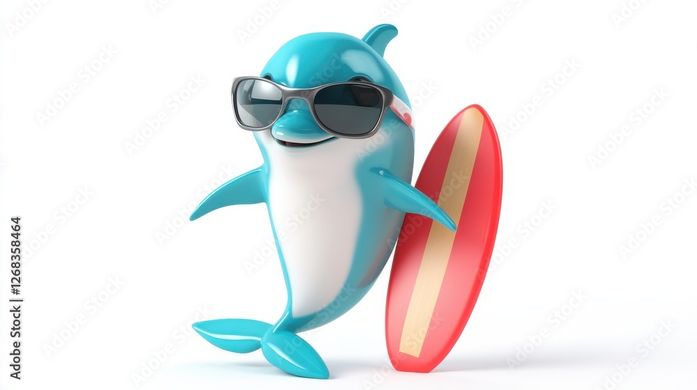 Fototapeta premium Cartoon Dolphin Wearing Sunglasses with Surfboard on White Background