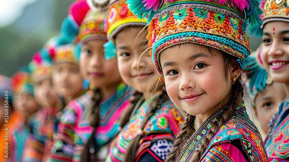 Children in Traditional Costumes: A row of smiling children, all dressed in vibrant, intricately patterned traditional costumes, showcasing the rich cultural heritage of Southeast Asia. Children in Traditional Costumes: A row of smiling children, all dressed in vibrant, intricately patterned traditional costumes, showcasing the rich cultural heritage of Southeast Asia.