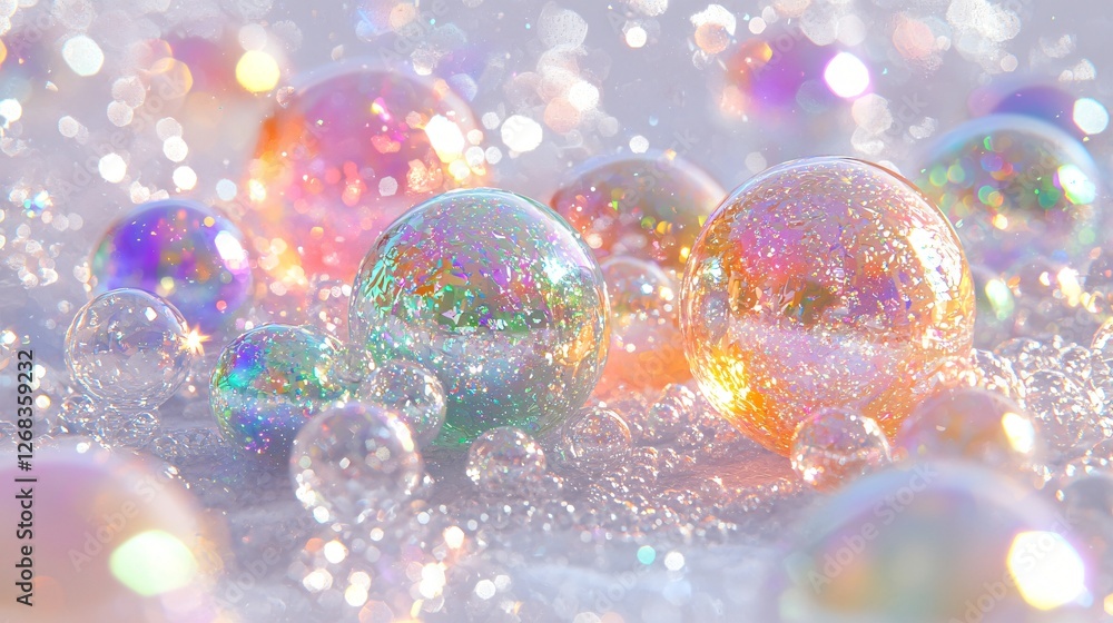 Iridescent bubbles on a snowy surface, bokeh background; abstract art Iridescent bubbles on a snowy surface, bokeh background; abstract art