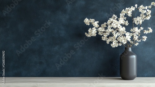 White cherry blossom branches in a dark ceramic vase stand on a wooden shelf against a textured dark blue wall.