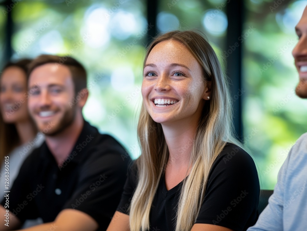 A young woman smiling in a meeting
