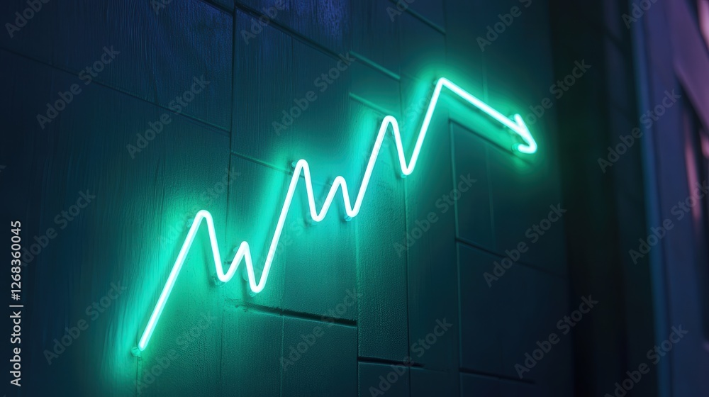 Naklejka premium Bitcoin's value growing, illustrated with a glowing green line graph pointing towards the top right, symbolizing financial success.