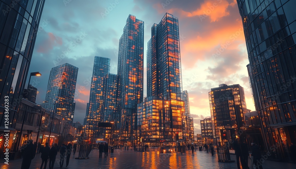 Fototapeta premium Stunning cityscape of Deansgate Manchester, showcasing modern apartment buildings, highrise urban architecture, glass facades, lively downtown atmosphere, photorealistic 8K render