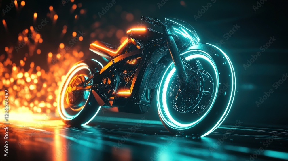 Fototapeta premium Futuristic neon motorcycle speeding on dark road.