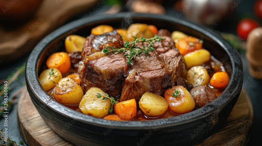 A savory beef pot roast with potatoes and carrots A savory beef pot roast with potatoes and carrots
