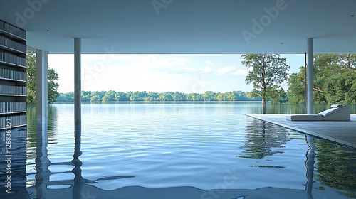 Lakeside infinity pool, modern house, tranquil view, bookshelves