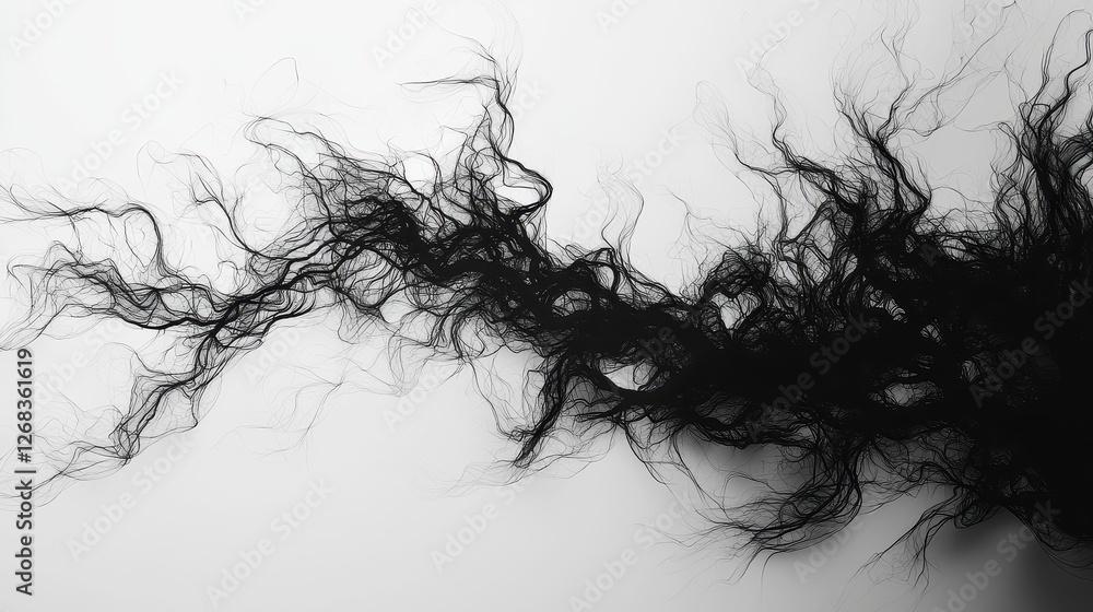Fototapeta premium Abstract Design of Flowing Black Hair Strands on White Background