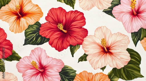 Wallpaper Mural Vibrant Hibiscus Flowers Pattern with Colorful Blooms and Lush Green Foliage on Light Background Torontodigital.ca