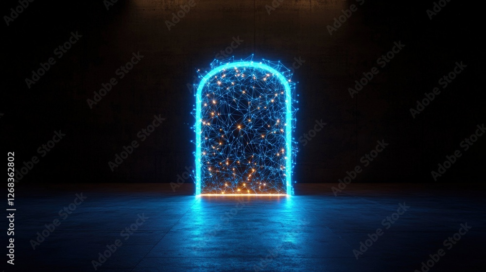 Fototapeta premium Mysterious open doorway illuminated by blue light creating an intriguing atmosphere in a dark setting