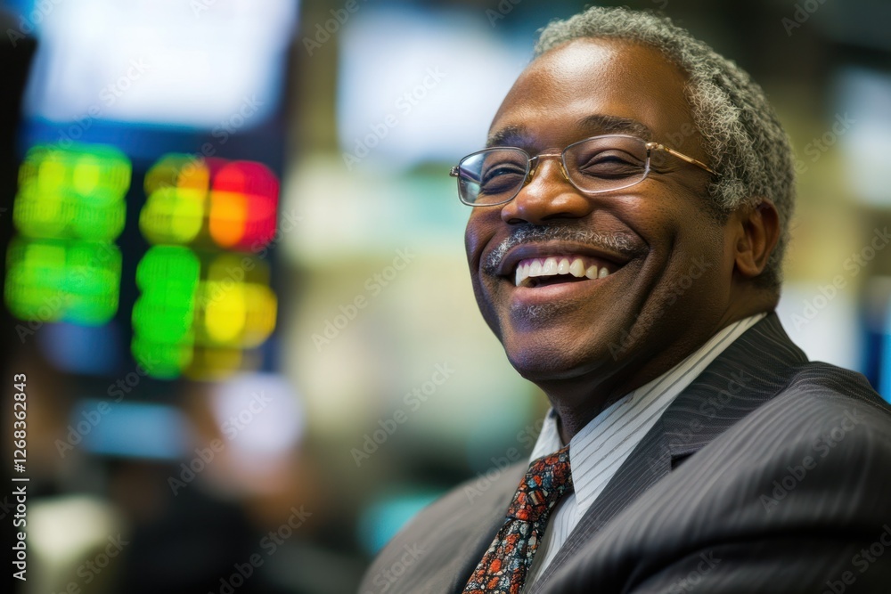 A financial investor smiling during a successful review of quarterly profits A financial investor smiling during a successful review of quarterly profits
