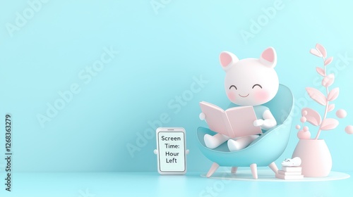 Wallpaper Mural A cute 3D character sitting in a cozy chair, smiling while reading a book, with a nearby phone displaying "Screen Time: 1 Hour Left" notification. The contrast between digital  Torontodigital.ca
