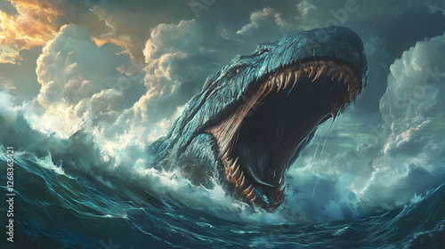 Leviathan's jaws open wide: a fantasy sea monster painting. Cloudborn Leviathans. Illustration photo