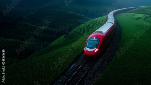 Red high-speed train travels scenic rice paddy fields.