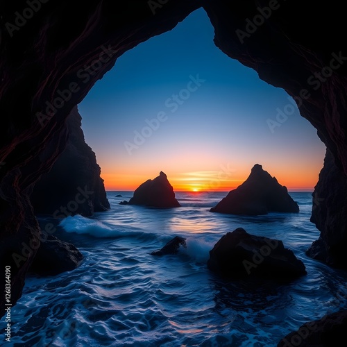 The sunset is visible between the coastal caves.