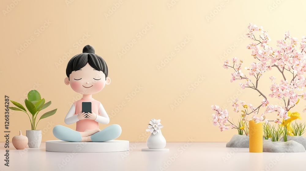 A joyful 3D character practicing yoga in a peaceful room, with their phone turned off and placed aside, embracing a tech-free moment of relaxation A joyful 3D character practicing yoga in a peaceful room, with their phone turned off and placed aside, embracing a tech-free moment of relaxation