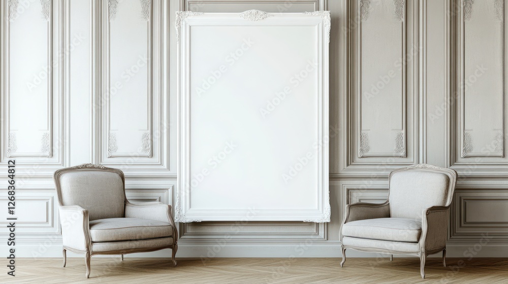 Fototapeta premium Elegant empty frame in classic room, chairs, design mockup