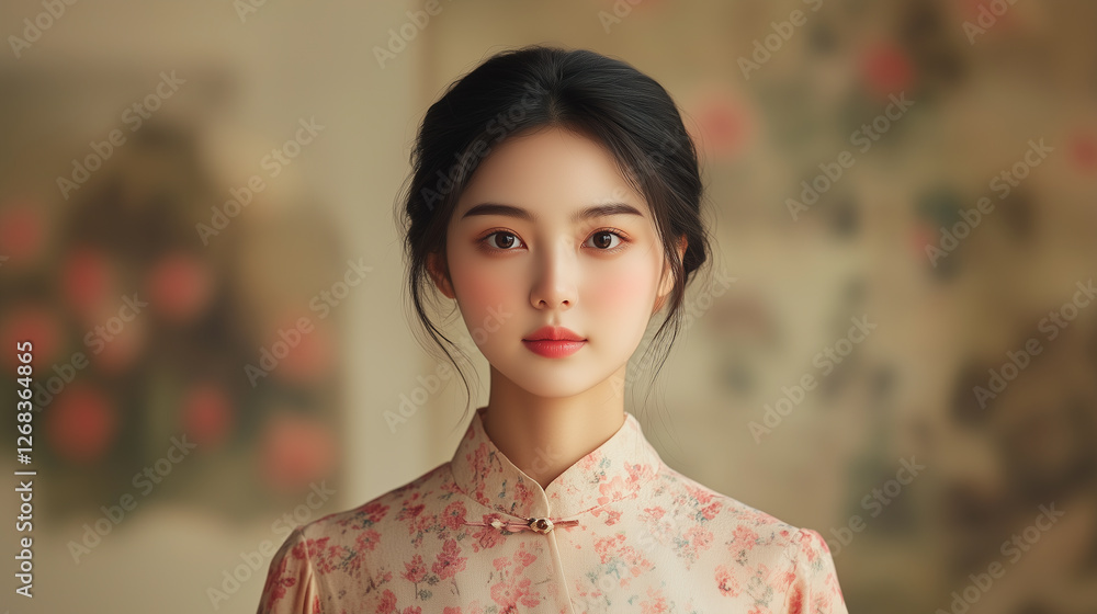 young woman in floral traditional dress, with soft features and serene expression, set against blurred floral background. young woman in floral traditional dress, with soft features and serene expression, set against blurred floral background.