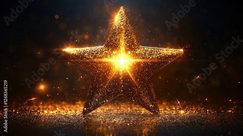 Glittering gold star award on dark background, sparks, celebration