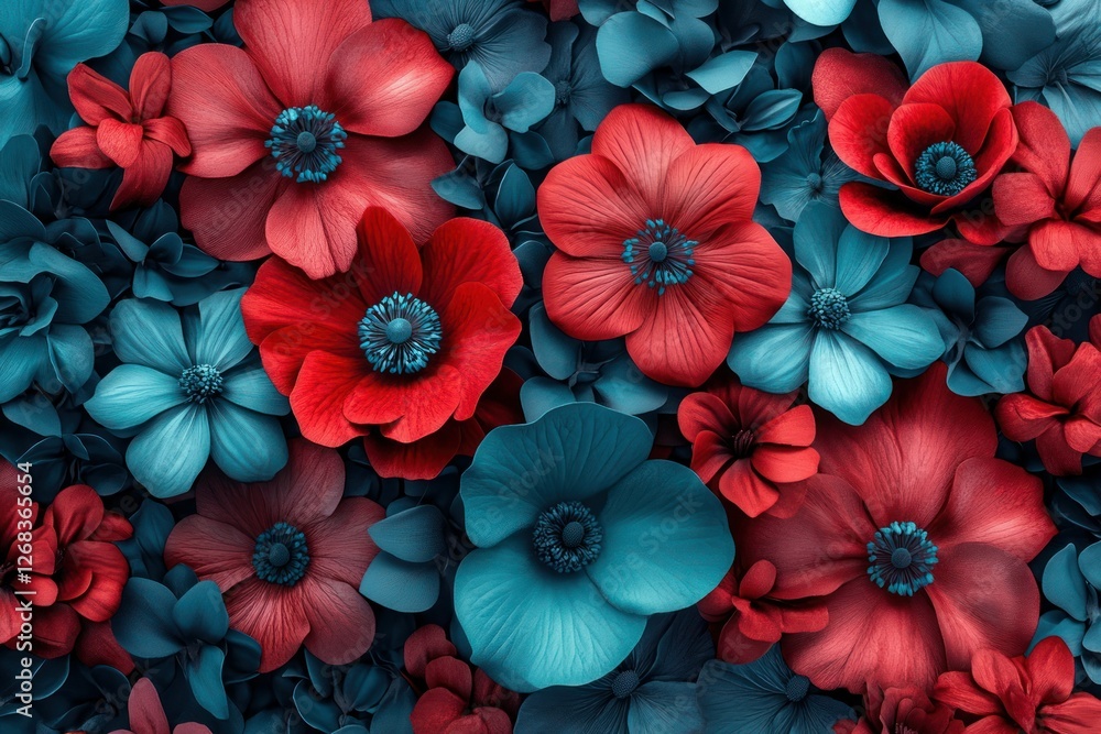 Obraz premium Intricate 3D arrangement of crimson and azure flowers with dark whithe cyan accents, creating a vibrant and mysterious floral wallpaper.