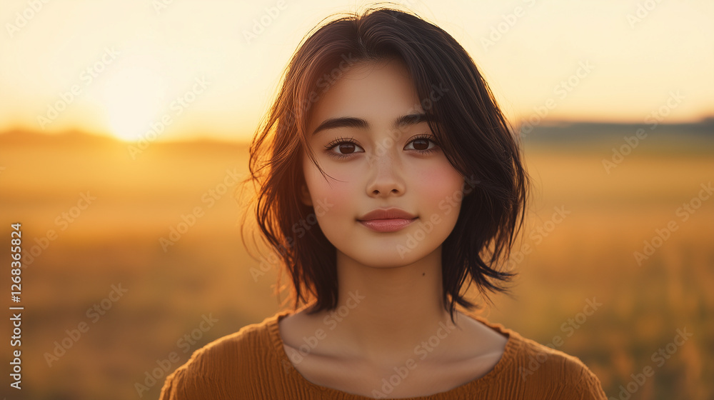 young woman with dark hair stands in golden field during sunset, radiating calmness and warmth. young woman with dark hair stands in golden field during sunset, radiating calmness and warmth.