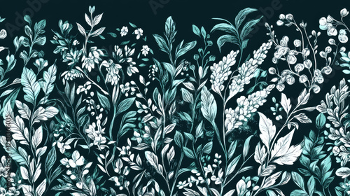 A decorative pattern featuring various stylized plants and flowers in shades of teal and white.